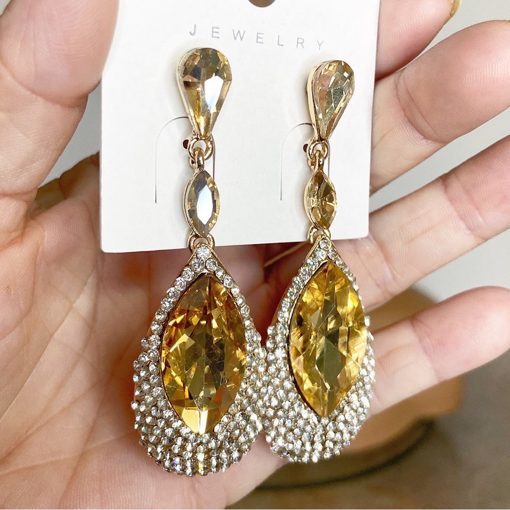 Champagne Crystal Drop Earrings with Rhinestone Accents  Bridal Formal Pageant - Picture 3 of 5